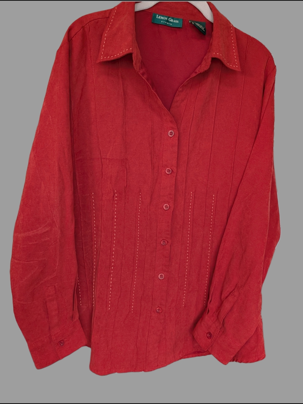 90s Vintage Brick Red Pleated Structured Button-Up Shirt by Lemon Grass